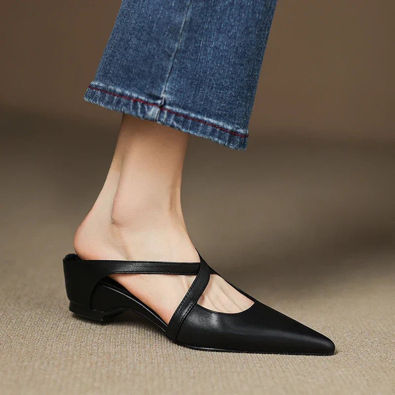 Women's Genuine Leather Cross-Strap Pointed-Toe Mules