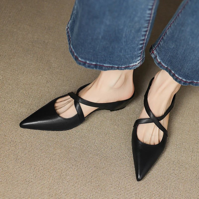 Women's Genuine Leather Cross-Strap Pointed-Toe Mules