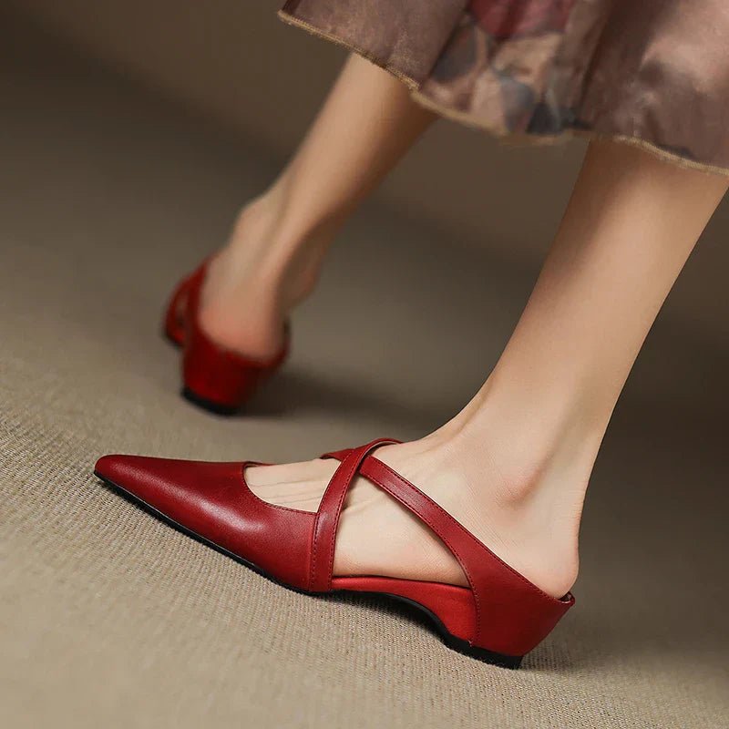 Women's Genuine Leather Cross-Strap Pointed-Toe Mules