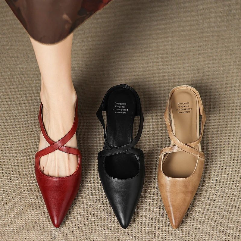 Women's Genuine Leather Cross-Strap Pointed-Toe Mules