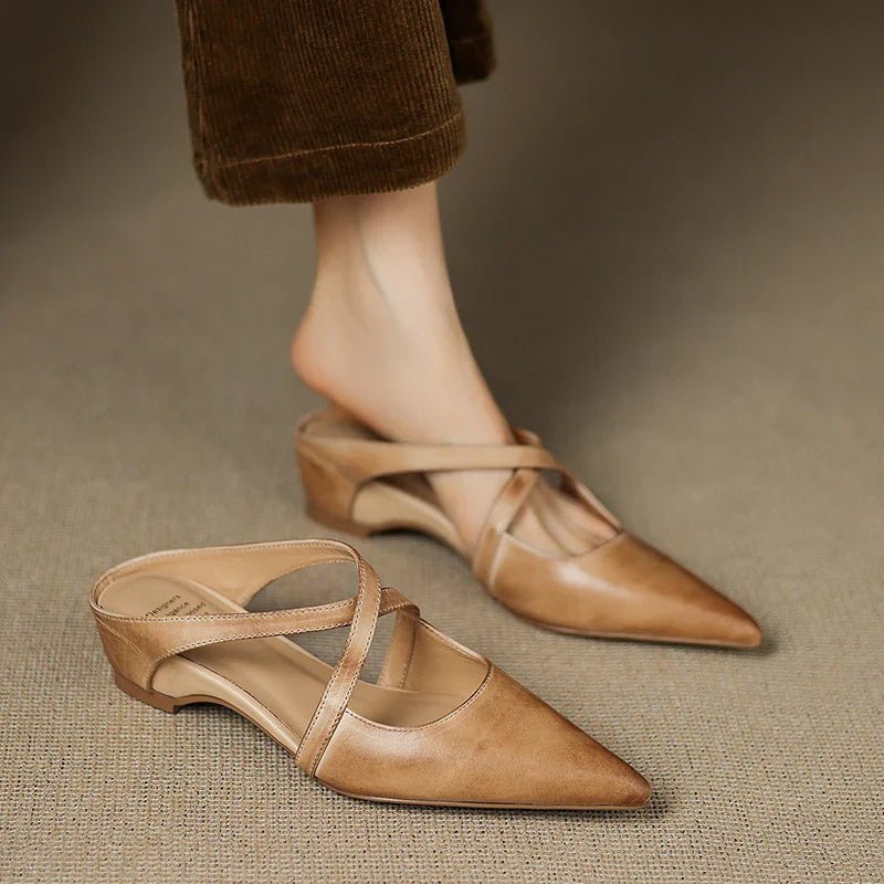 Women's Genuine Leather Cross-Strap Pointed-Toe Mules - Apricot