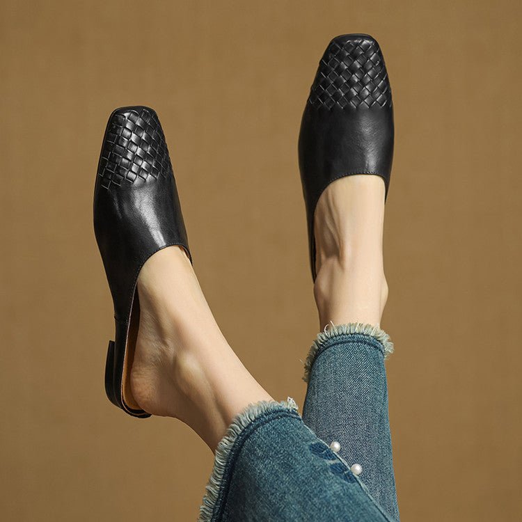 Women's Genuine Leather Woven-Toe Square-Toe Slip-On Mules