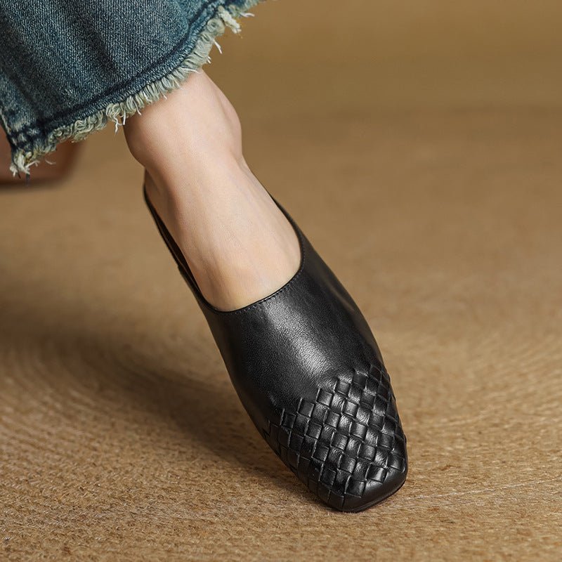 Women's Genuine Leather Woven-Toe Square-Toe Slip-On Mules