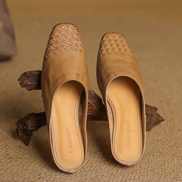 Women's Genuine Leather Woven-Toe Square-Toe Slip-On Mules