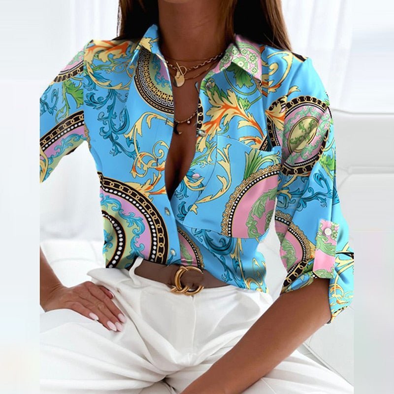 Women's Geometric Print Long-Sleeve Collared Button-Up Blouse - Light Blue