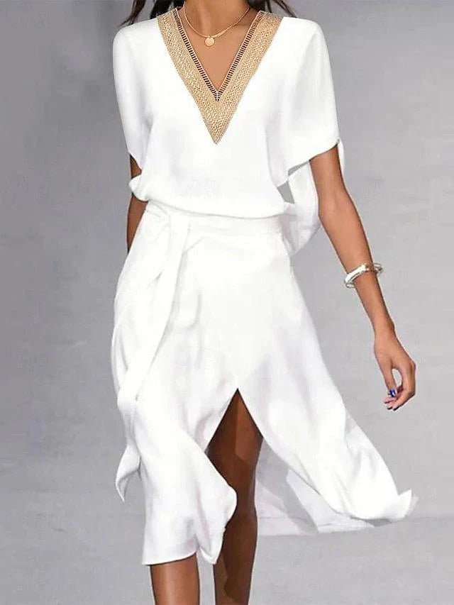 Women's Gold-Trim V-Neck Belted Asymmetric Midi Dress