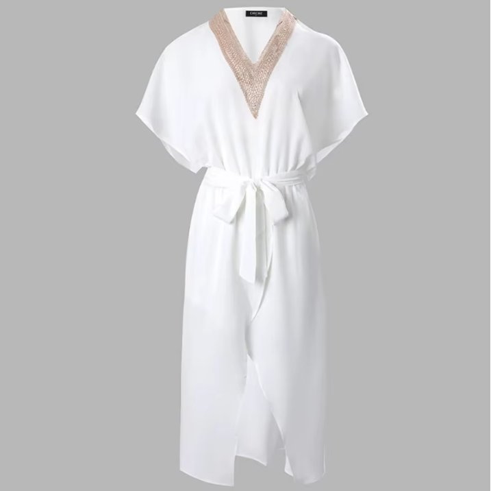 Women's Gold-Trim V-Neck Belted Asymmetric Midi Dress