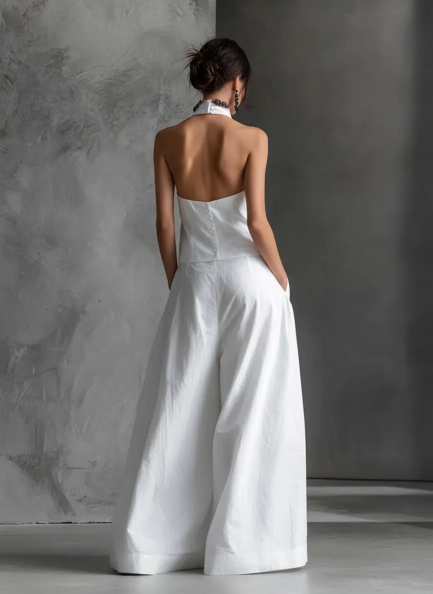 Women's Halter Neck Cotton-Linen Maxi Skirt Two-Piece Set
