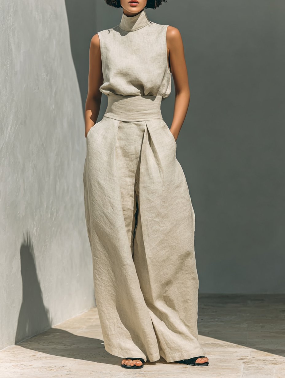 Women's High-Neck Sleeveless Wide-Leg Linen Blend Trouser Set - Khaki