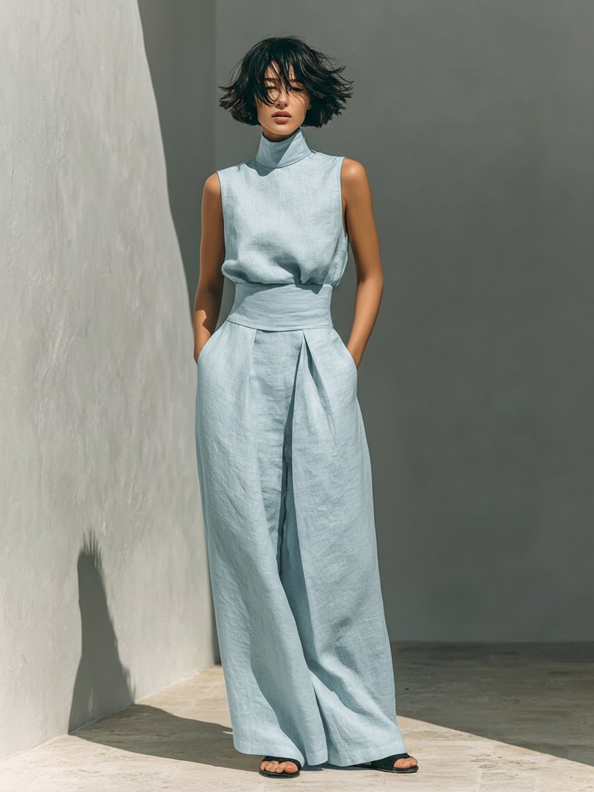 Women's High-Neck Sleeveless Wide-Leg Linen Blend Trouser Set - Light Blue