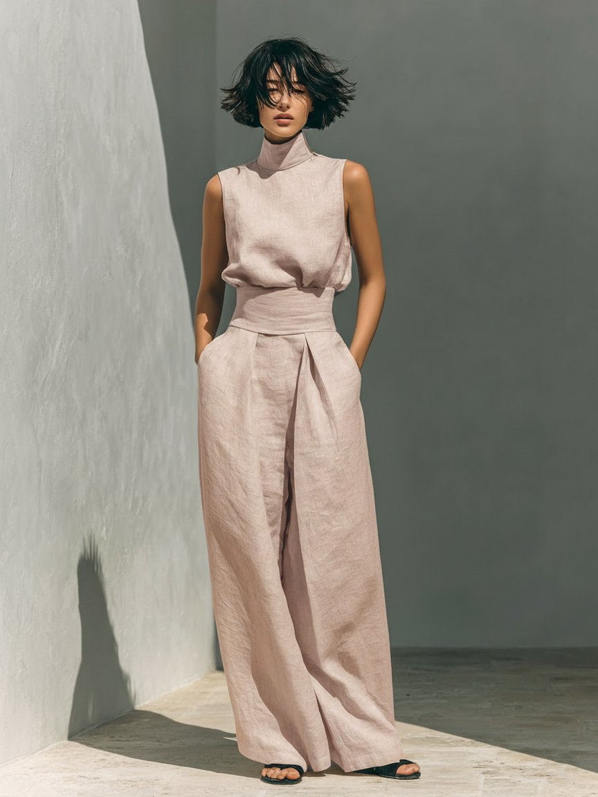 Women's High-Neck Sleeveless Wide-Leg Linen Blend Trouser Set - Light Pink