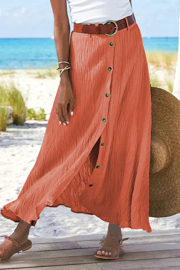 Women's High-Waist Button-Front Crinkle Linen-Look Maxi Skirt - Mandarin red