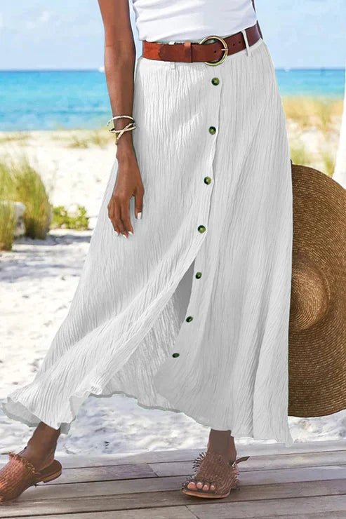 Women's High-Waist Button-Front Crinkle Linen-Look Maxi Skirt - White
