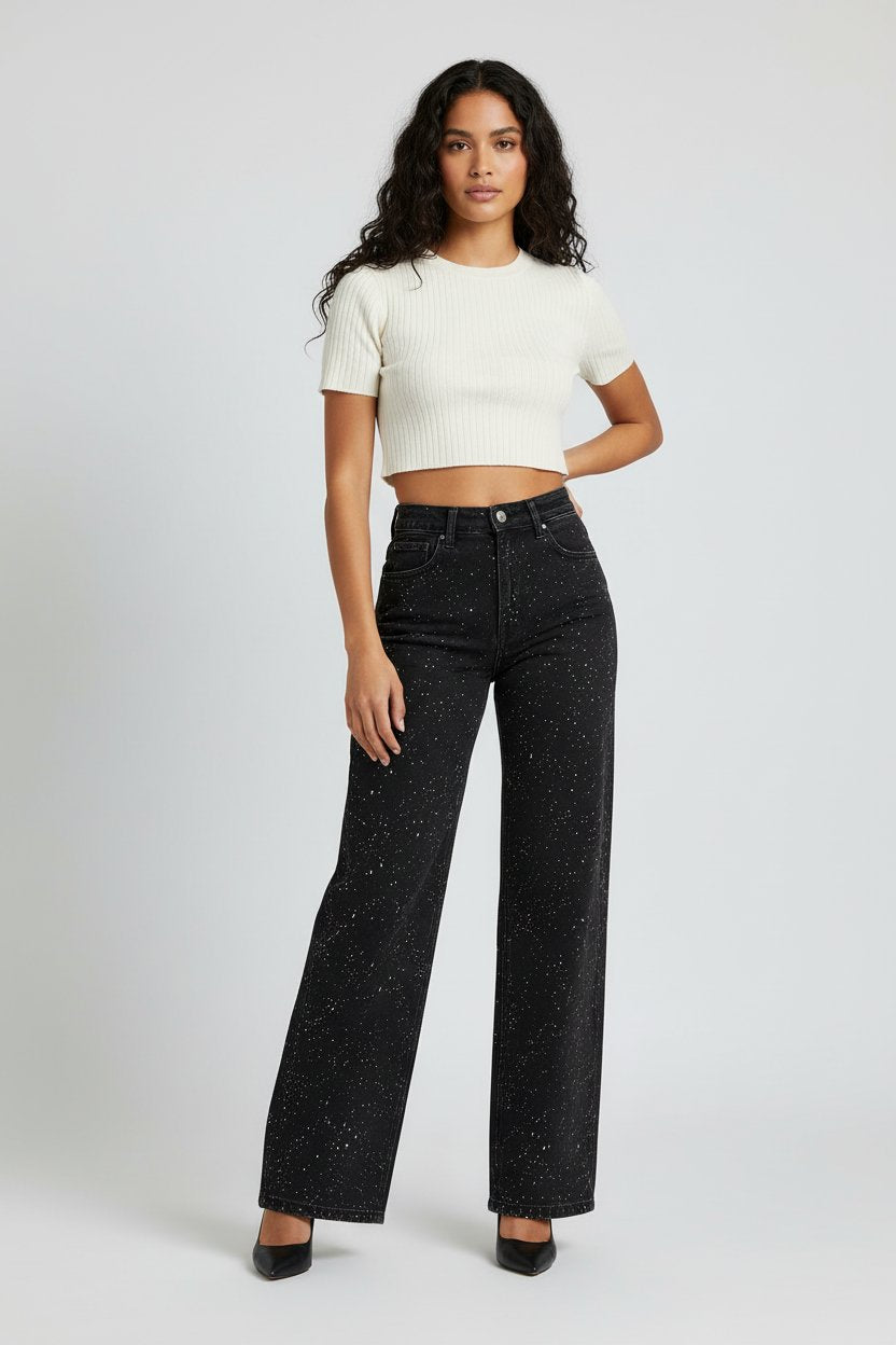 Women's High-Waist Straight-Leg Glitter Denim Jeans - Schwarz