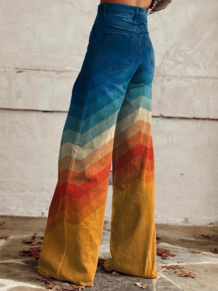Women's High-Waist Sunset Chevron Wide-Leg Printed Trousers