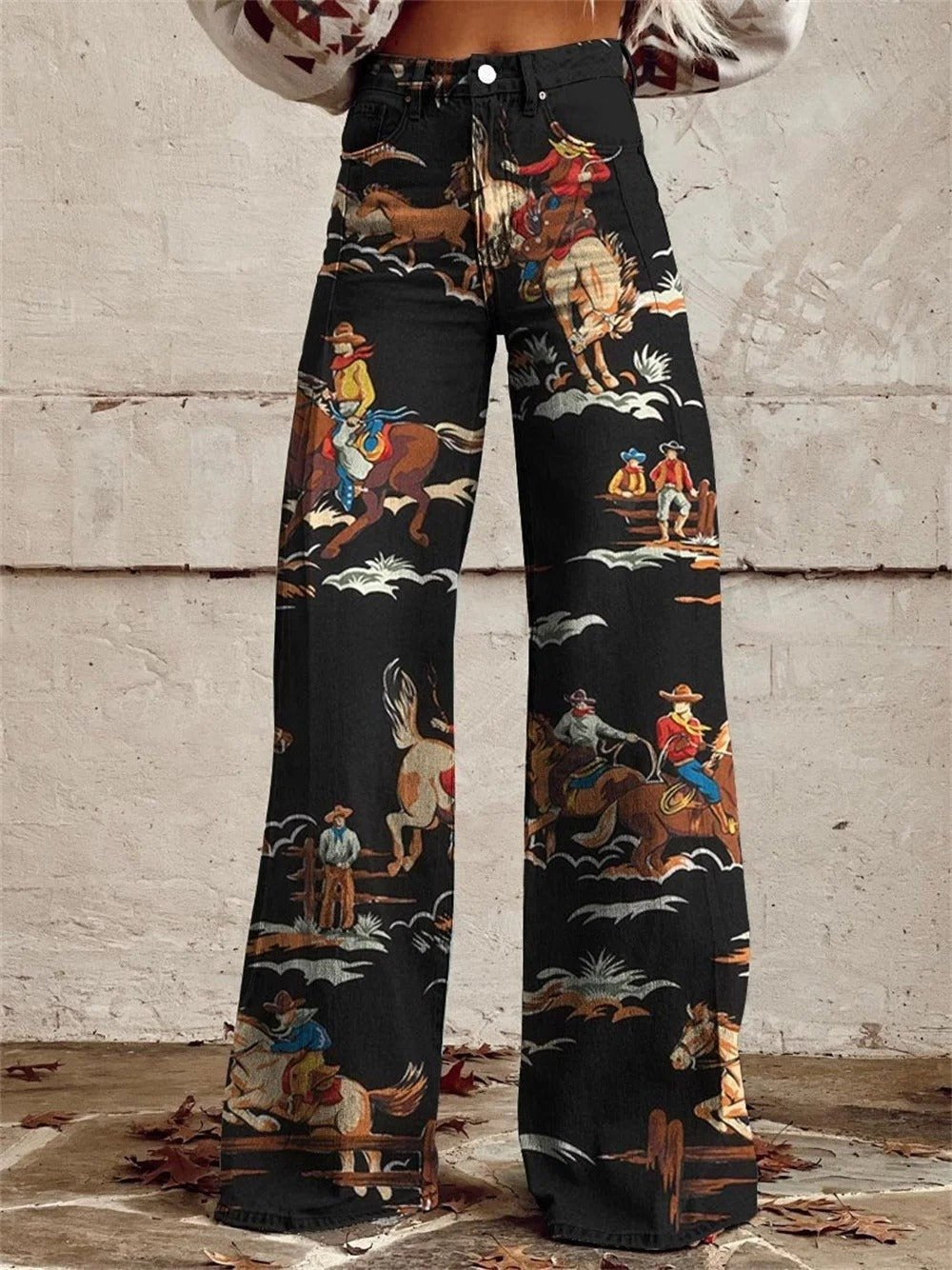 Women's High-Waist Vintage Western Print Wide-Leg Trousers - Black