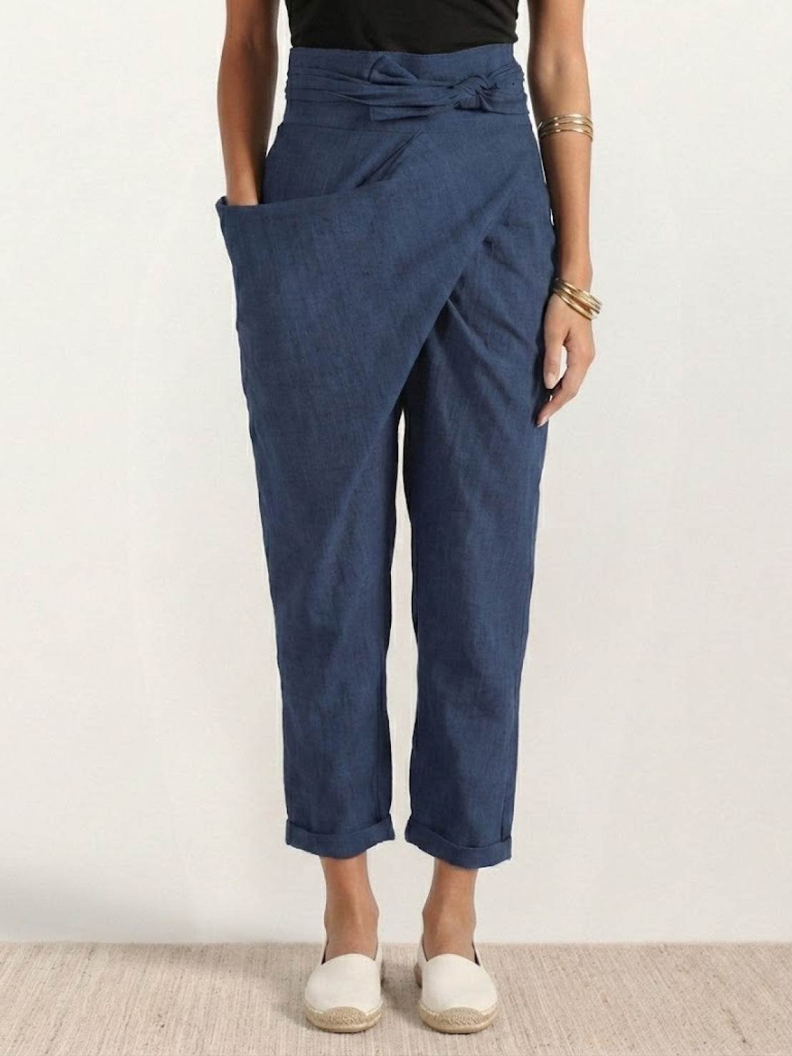Women's High-Waist Wrap-Front Cropped Tapered Trousers - Navy Blue