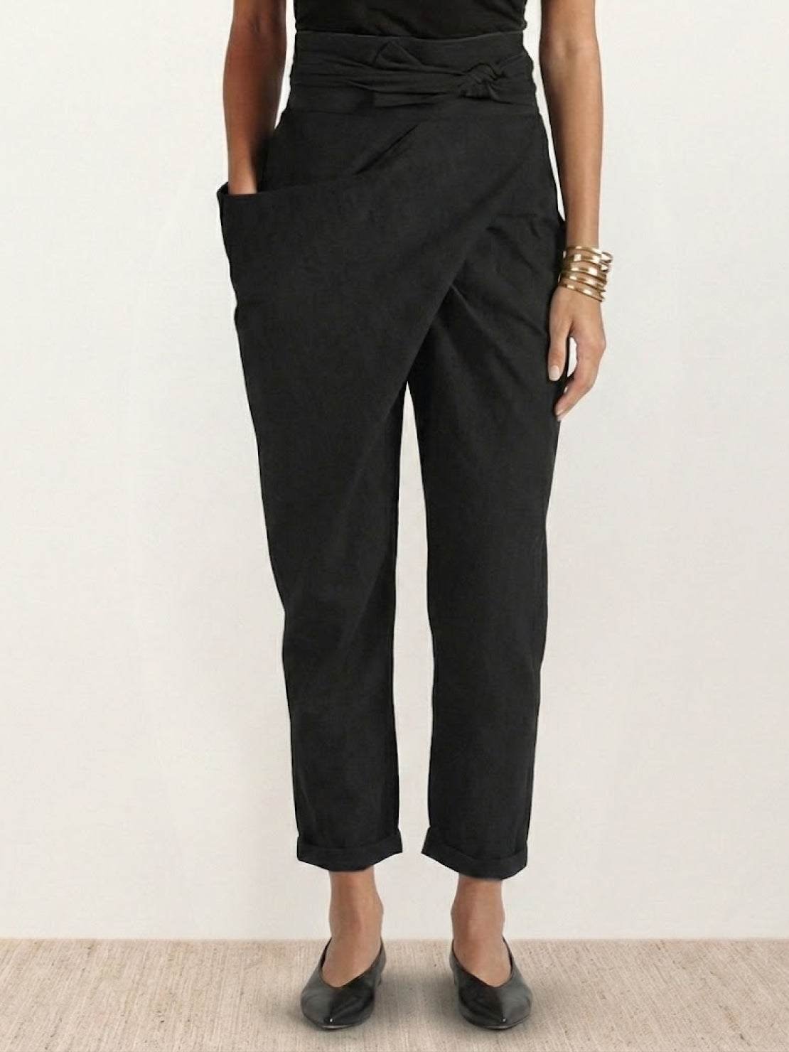 Women's High-Waist Wrap-Front Cropped Tapered Trousers - Black