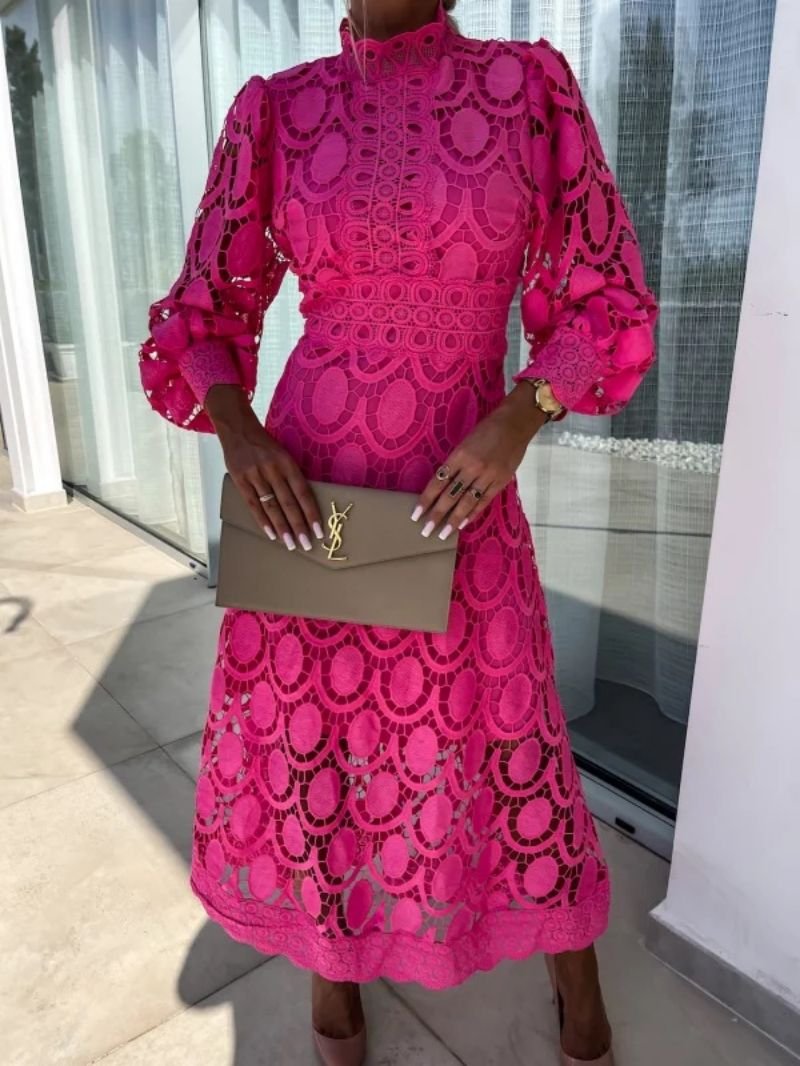 Women's Lace Crochet Long Sleeve Midi Evening Dress