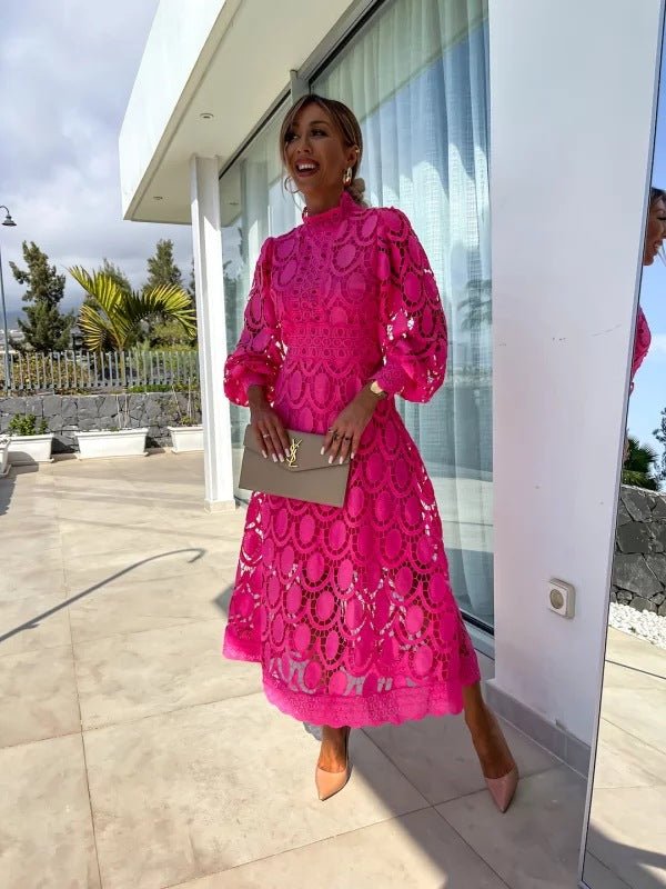 Women's Lace Crochet Long Sleeve Midi Evening Dress - Dark Pink