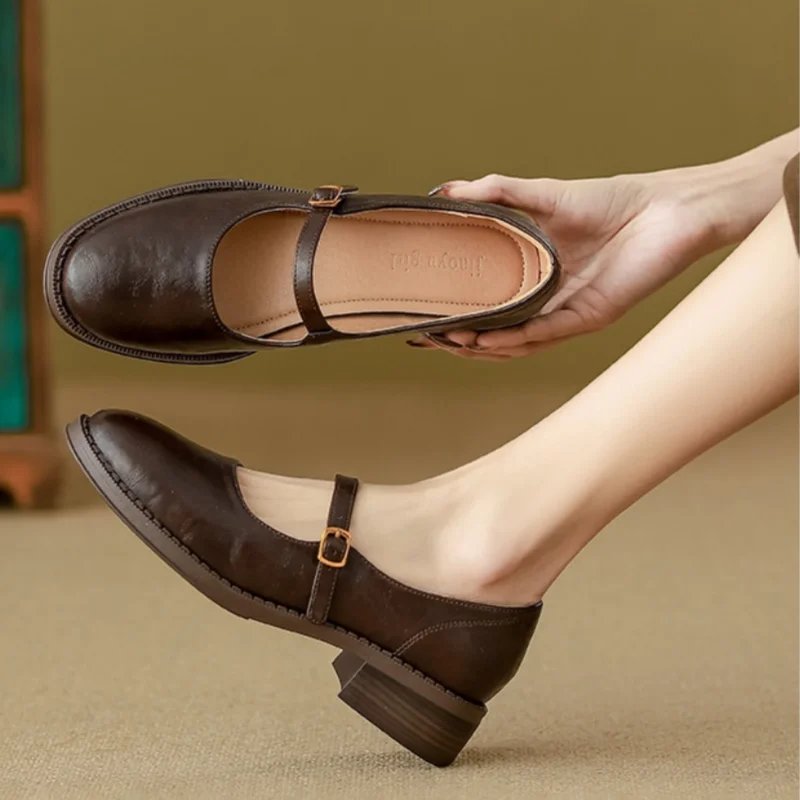 Women's Leather Mary Jane Flat Shoes Adjustable Strap Low Block Heel - brown