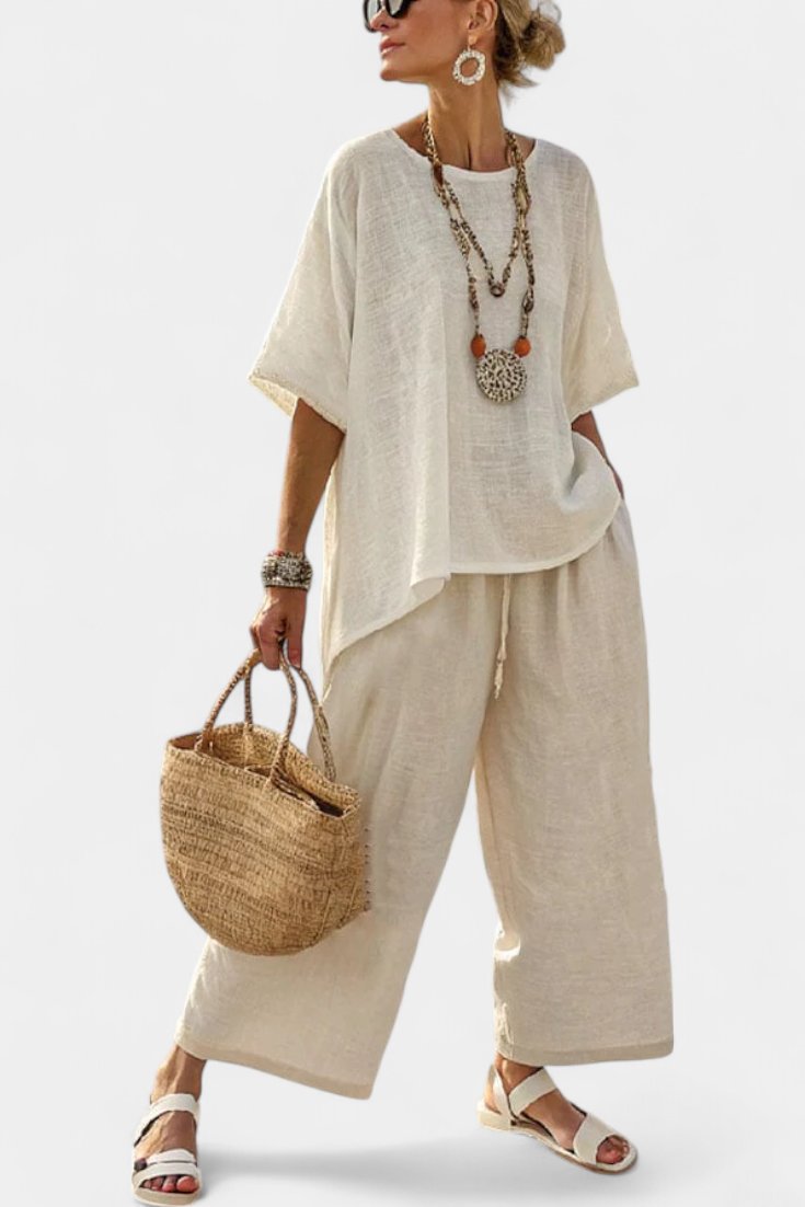 Women's Linen Asymmetric-Hem Oversized Top Wide-Leg Trouser Co-ord Set - White