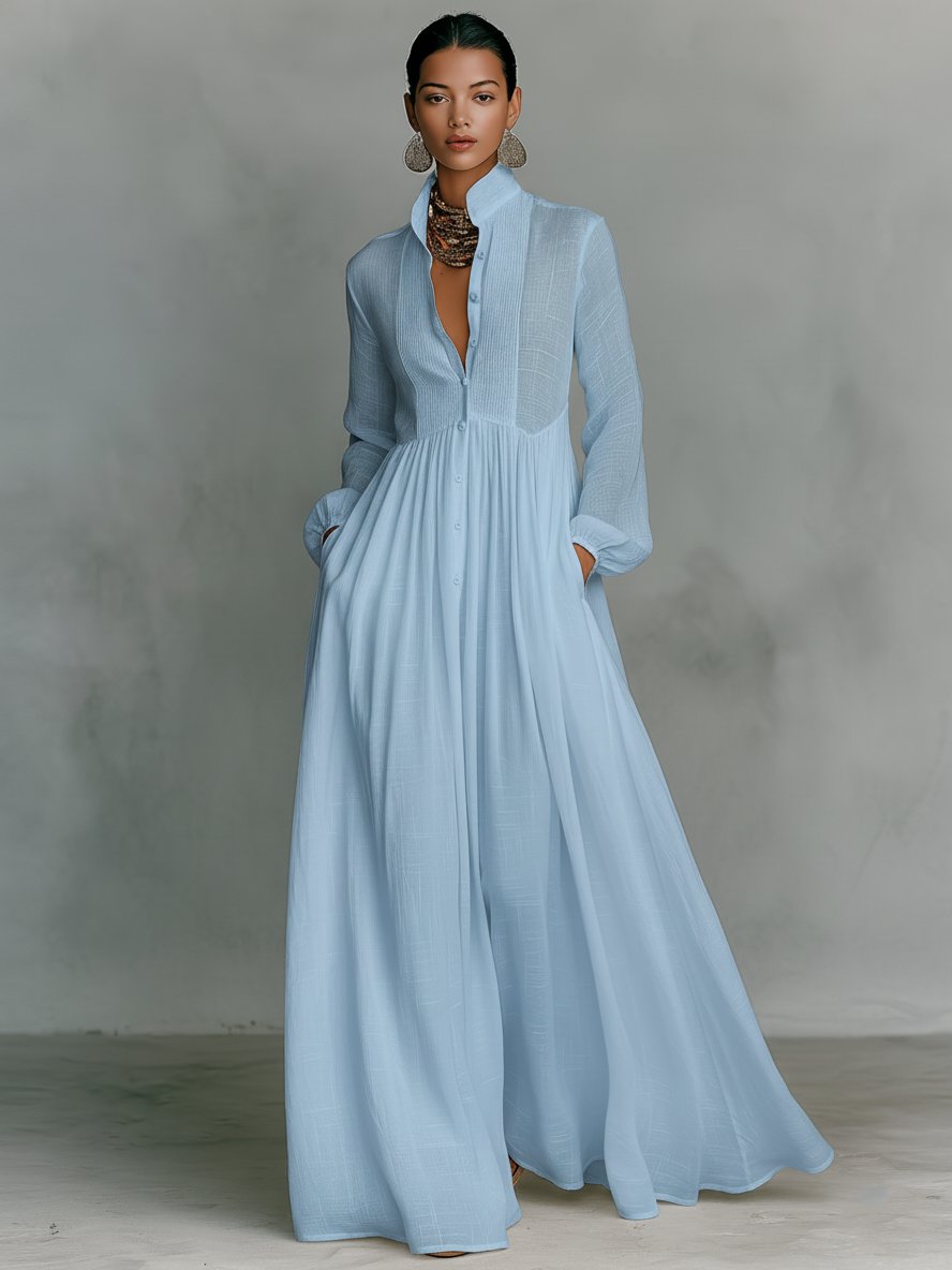 Women's Linen-Blend Button-Front Stand-Collar Maxi Dress - Blue