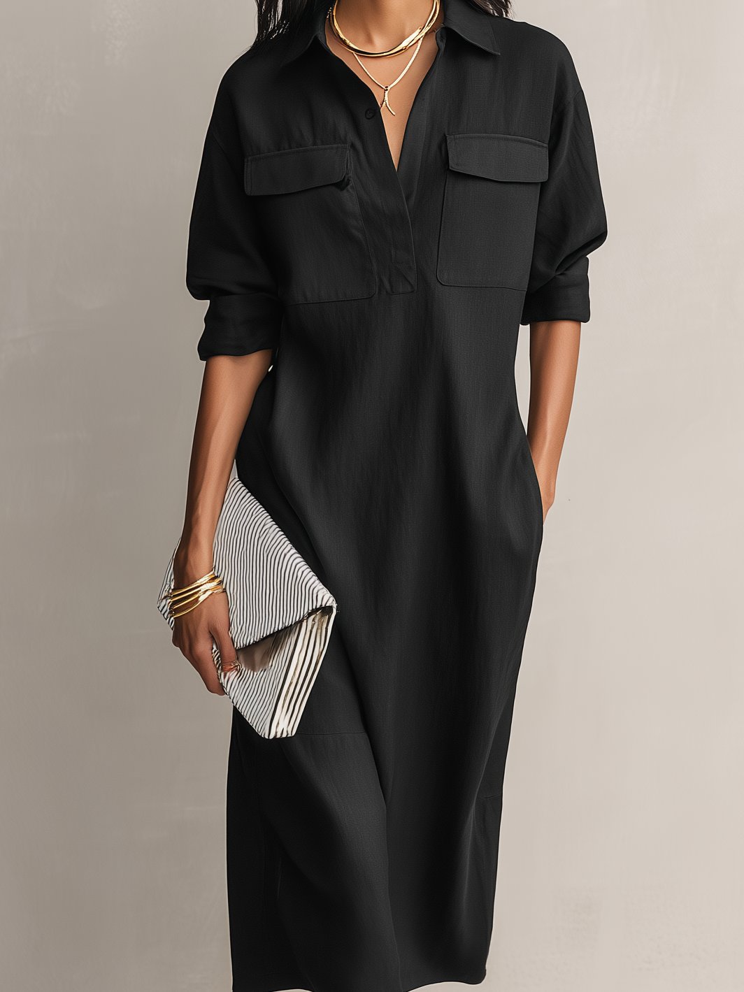 Women's Linen Blend Midi Shirt Dress V-Neck Elbow Sleeve