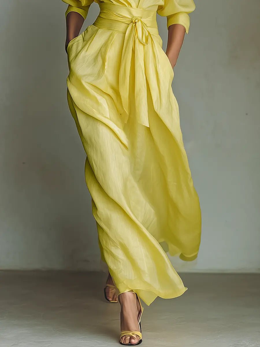 Women's Linen-Blend Tie-Waist Plunging V-Neck Maxi Shirt Dress