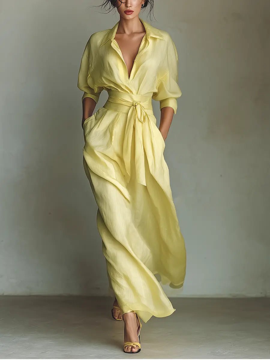 Women's Linen-Blend Tie-Waist Plunging V-Neck Maxi Shirt Dress