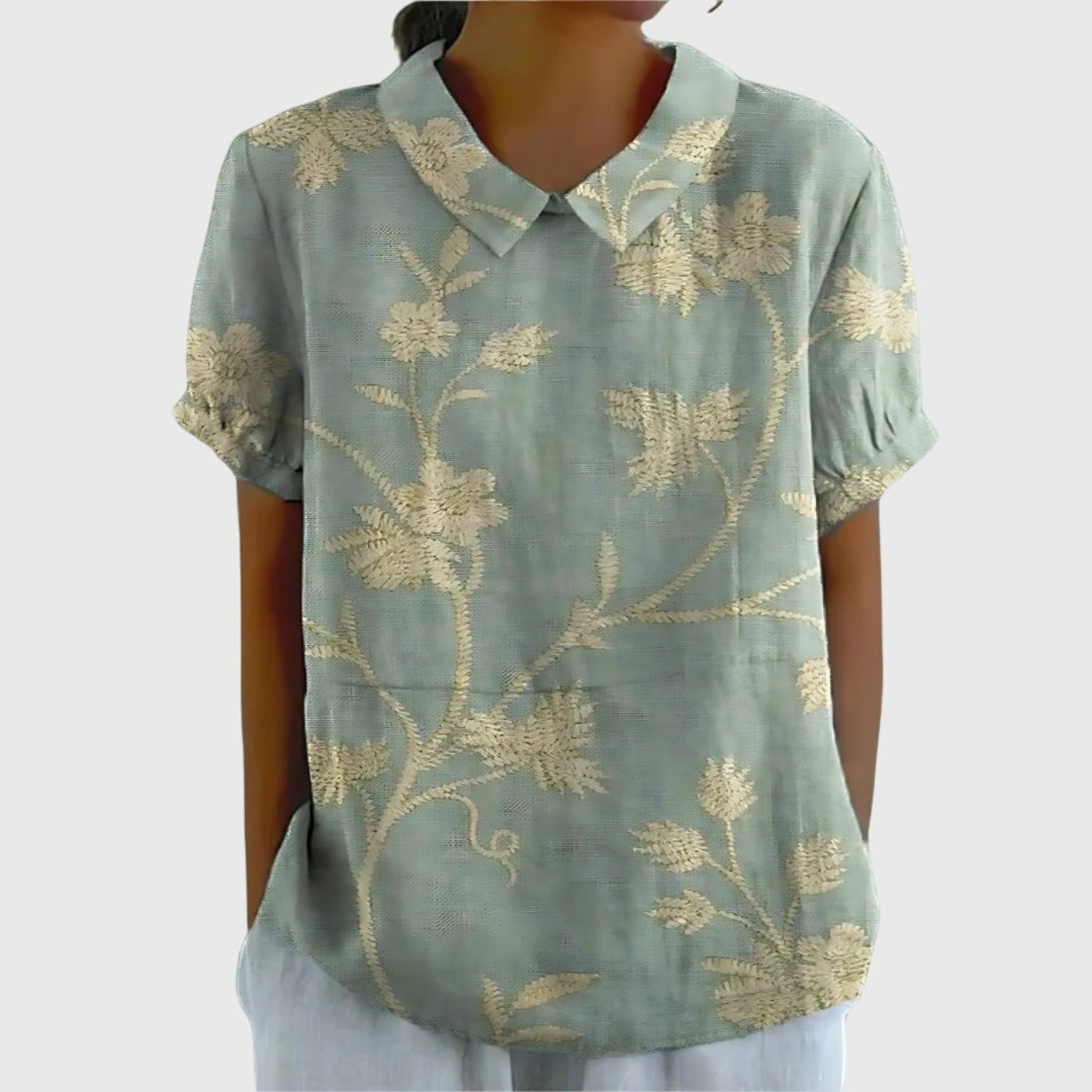 Women's Linen Floral Print Short Sleeve Peter Pan Collar Blouse - Sage Green 3