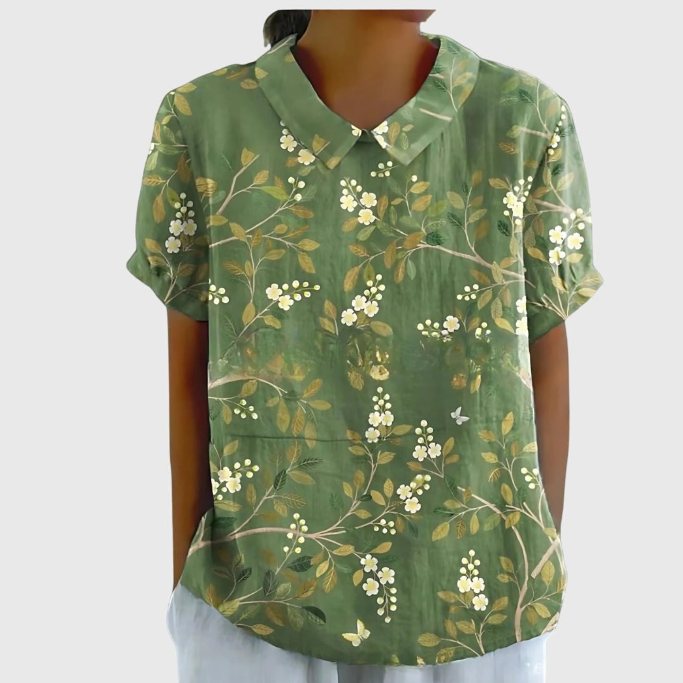 Women's Linen Floral Print Short Sleeve Peter Pan Collar Blouse - Green