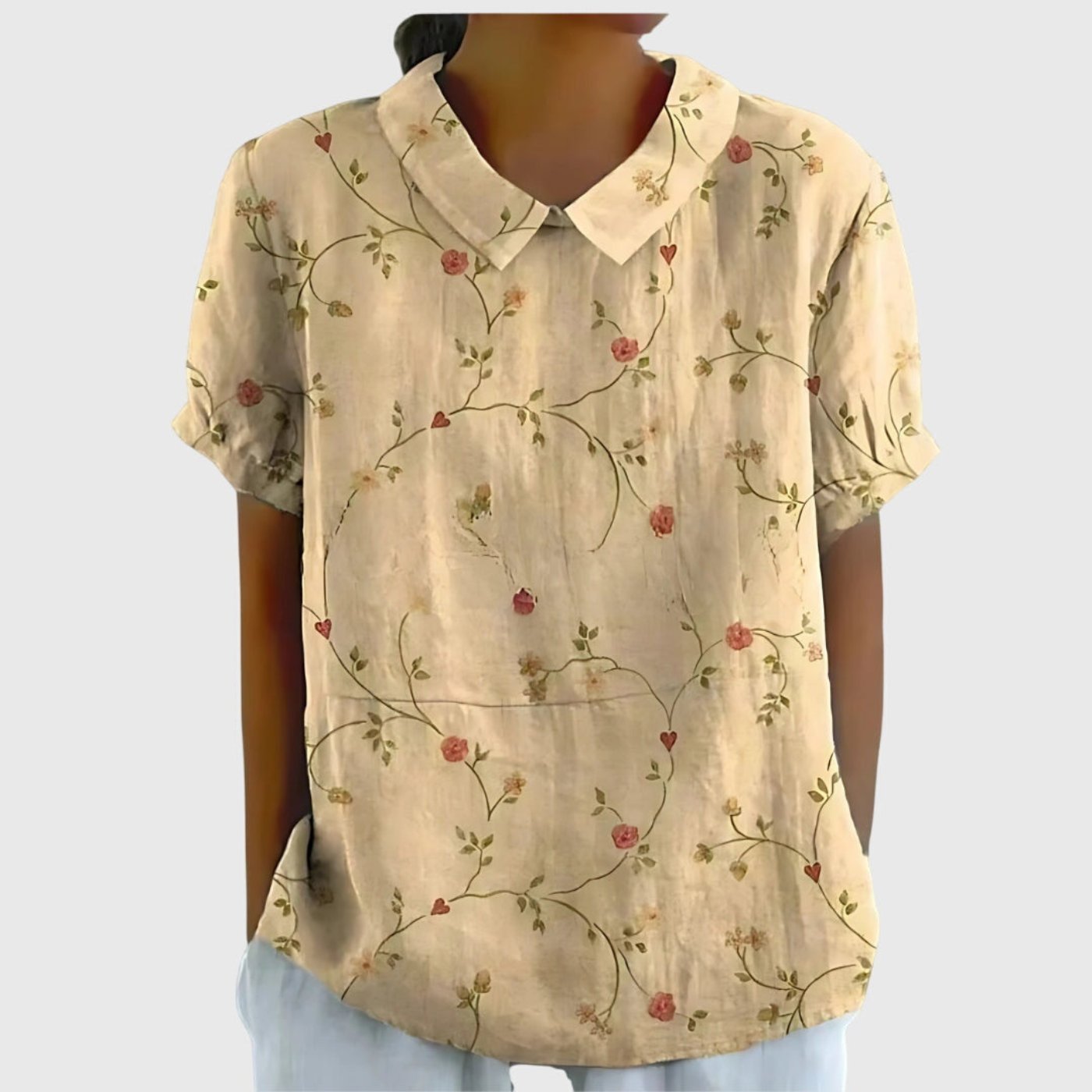 Women's Linen Floral Print Short Sleeve Peter Pan Collar Blouse - Light Yellow