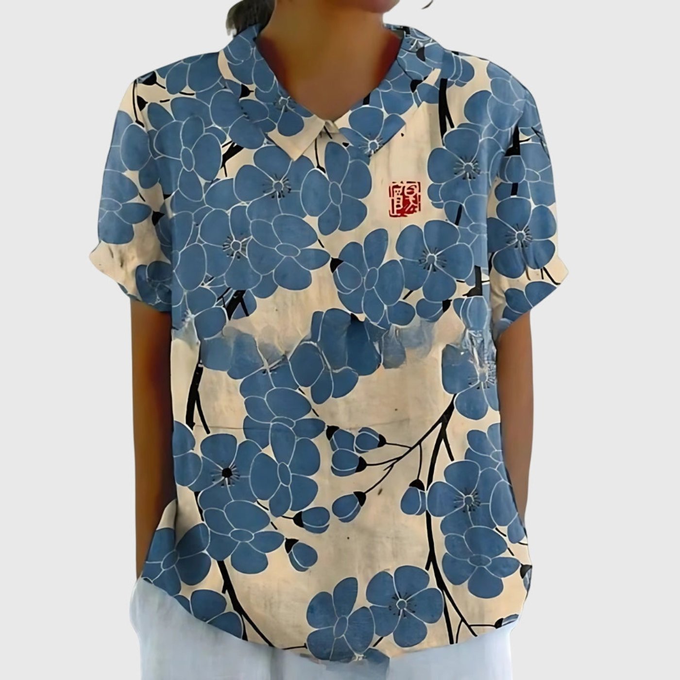 Women's Linen Floral Print Short Sleeve Peter Pan Collar Blouse - Dusty Blue