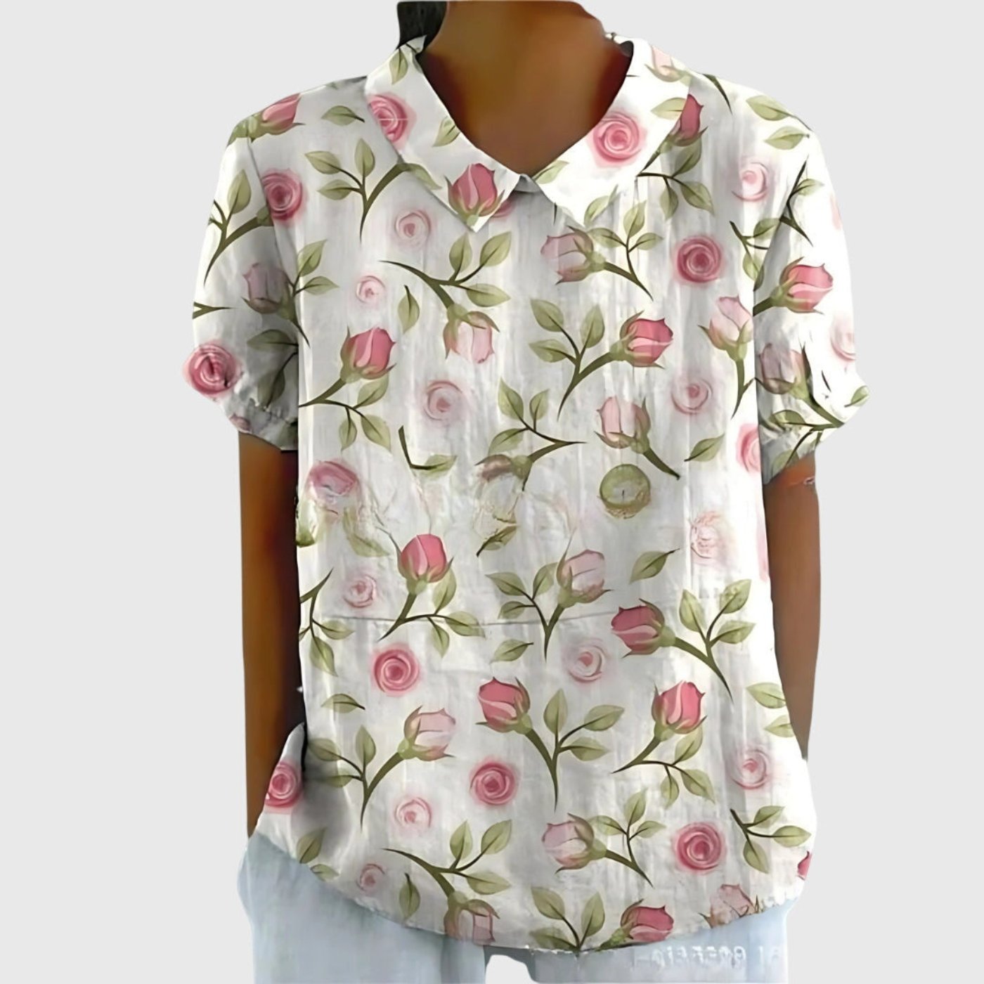 Women's Linen Floral Print Short Sleeve Peter Pan Collar Blouse - White 3