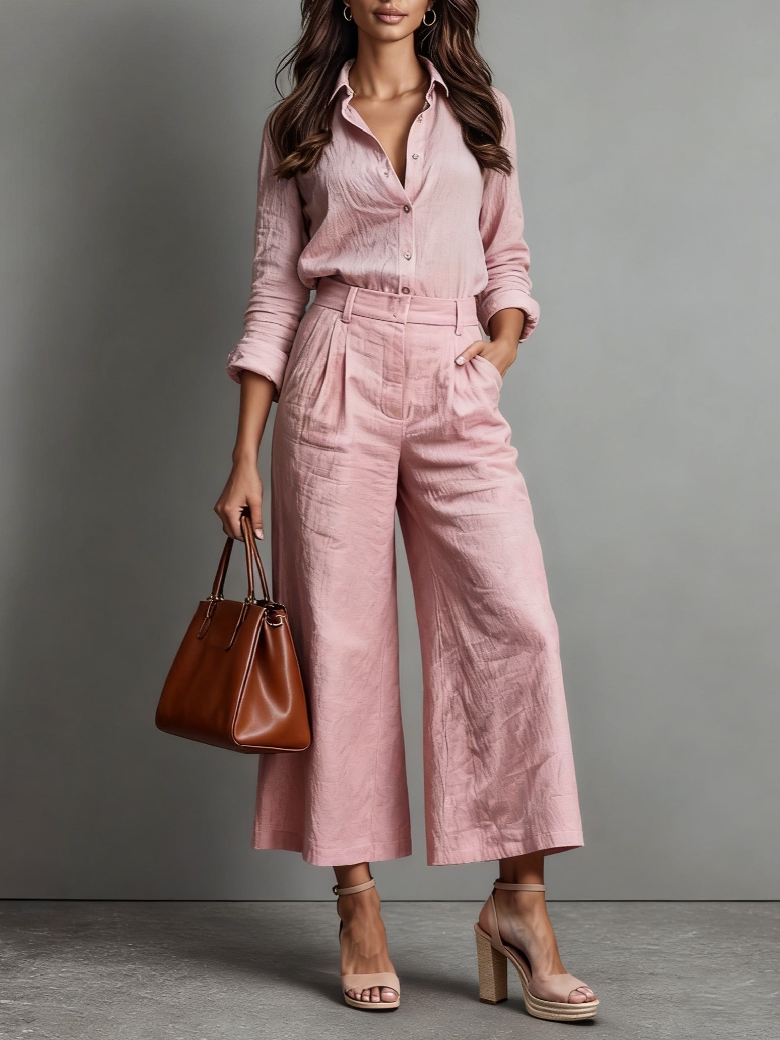 Women's Linen High-Waist Wide-Leg Cropped Trousers Button-Down Co-Ord Set - Pink