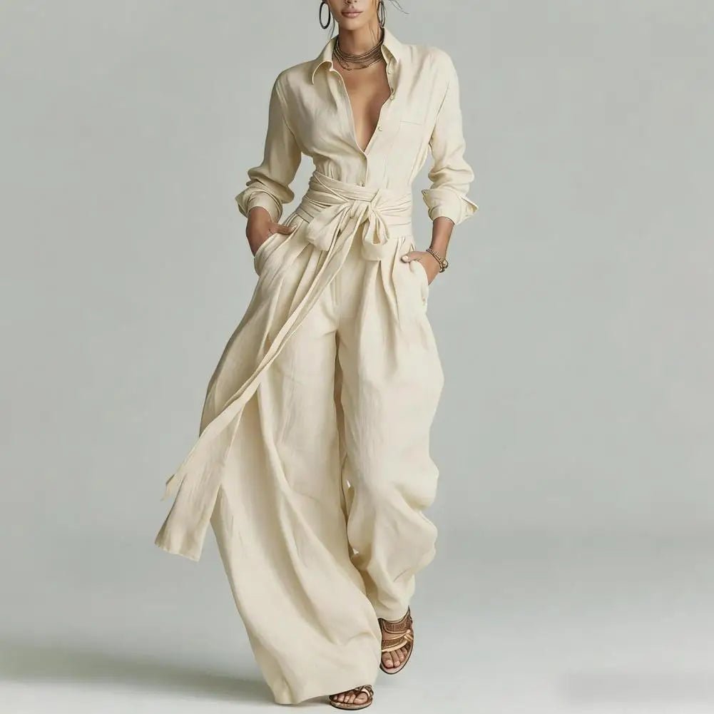 Women's Linen High-Waist Wide-Leg Trousers Open-Collar Shirt Co-Ord Set - Apricot