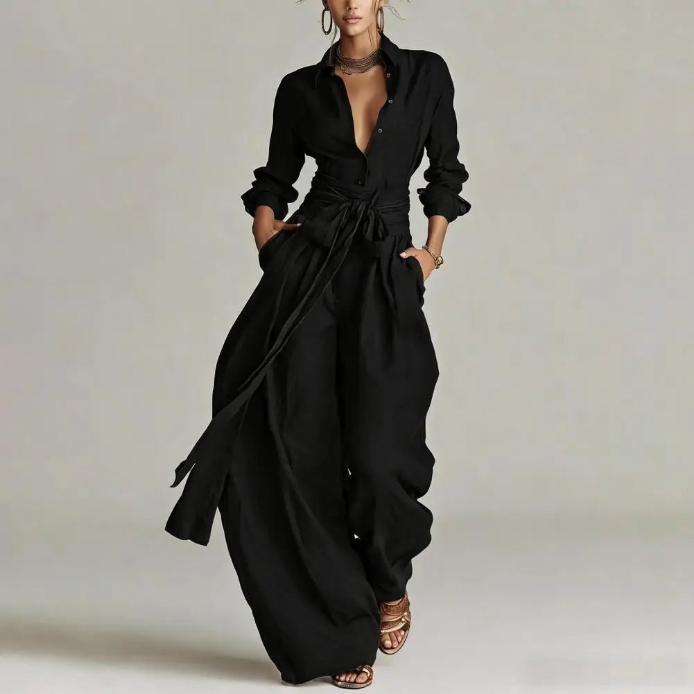 Women's Linen High-Waist Wide-Leg Trousers Open-Collar Shirt Co-Ord Set - Black