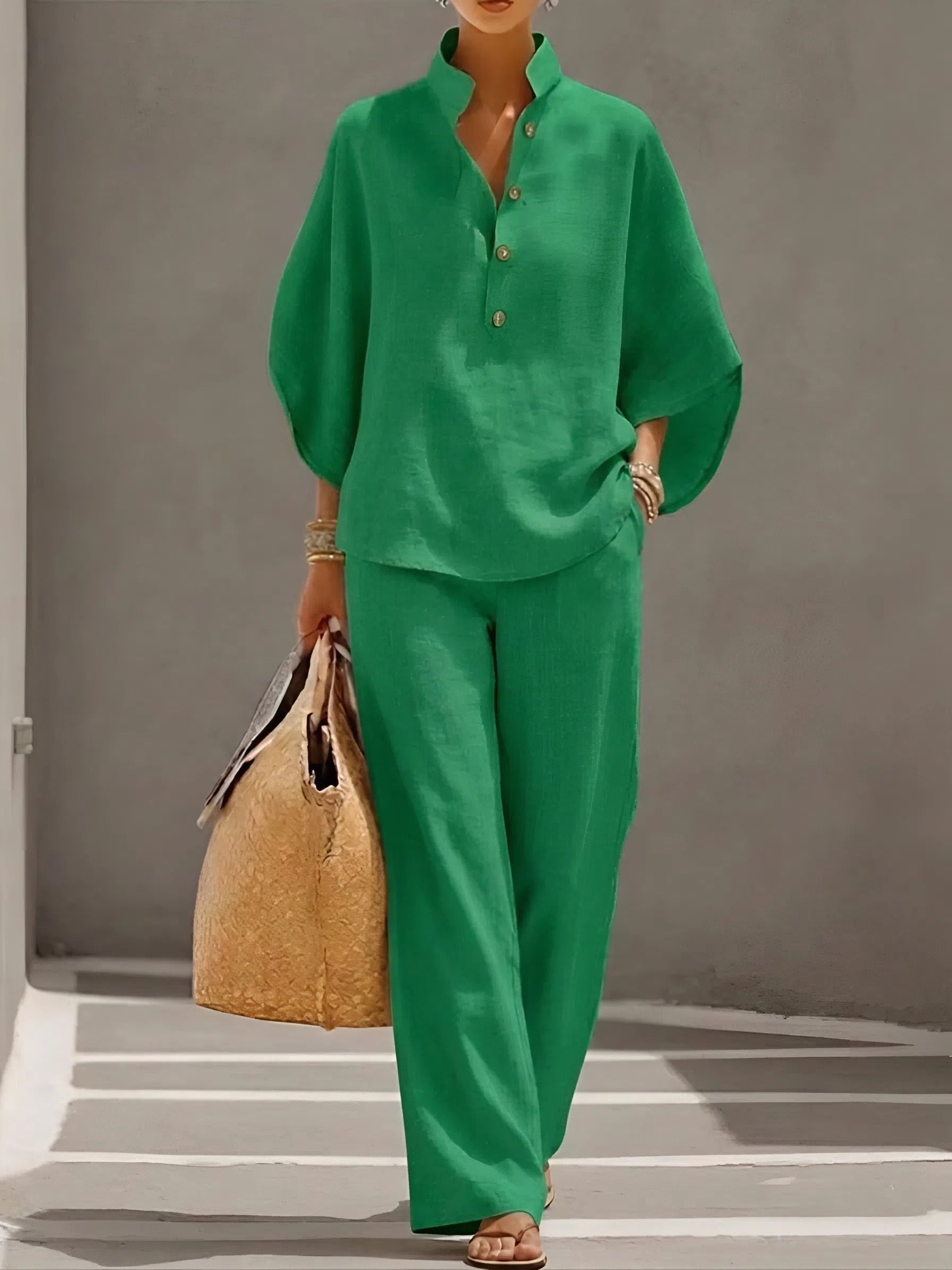 Women's Linen Kimono-Sleeve Mandarin-Collar Wide-Leg Trouser Set - Green