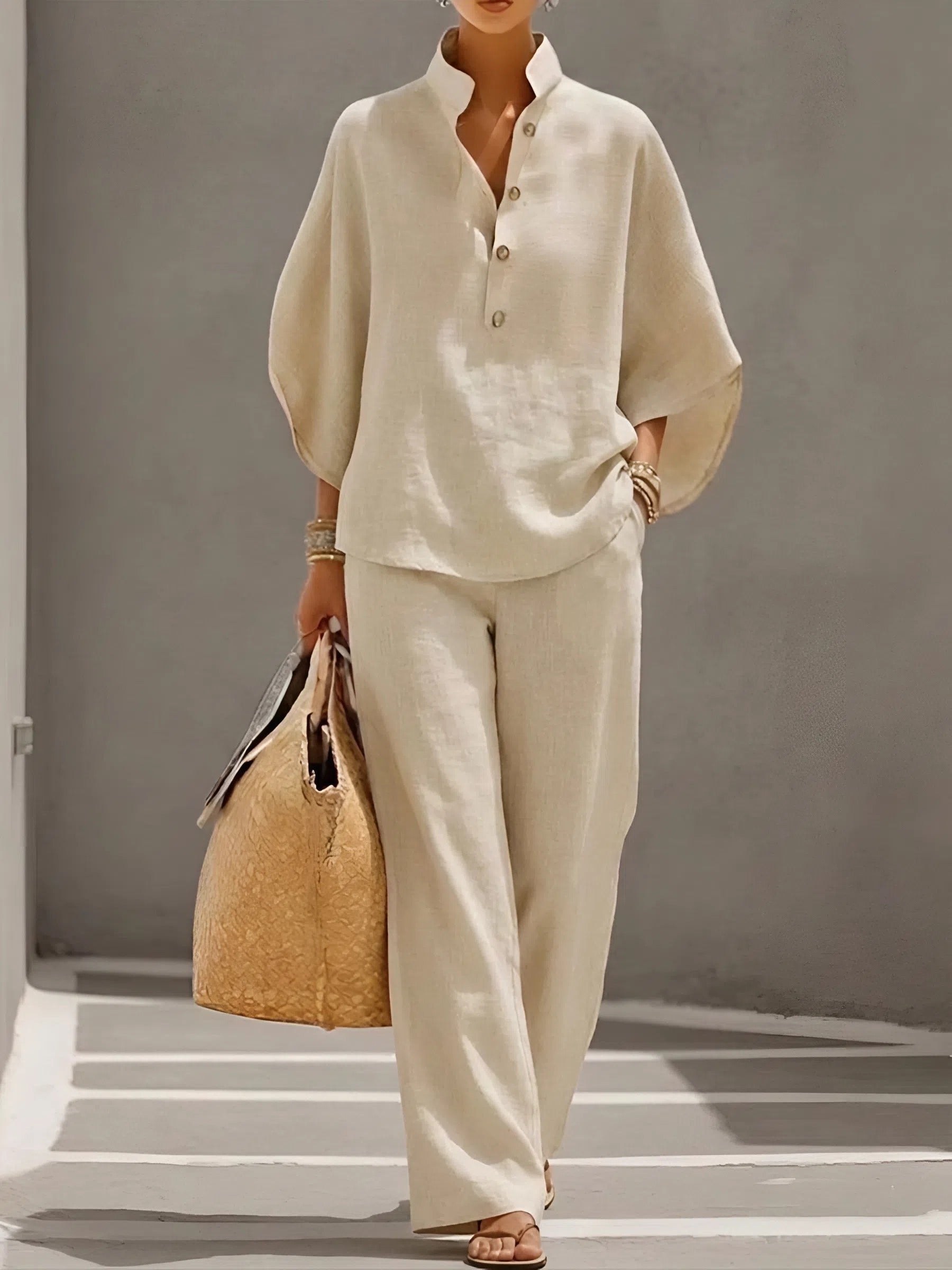 Women's Linen Kimono-Sleeve Mandarin-Collar Wide-Leg Trouser Set