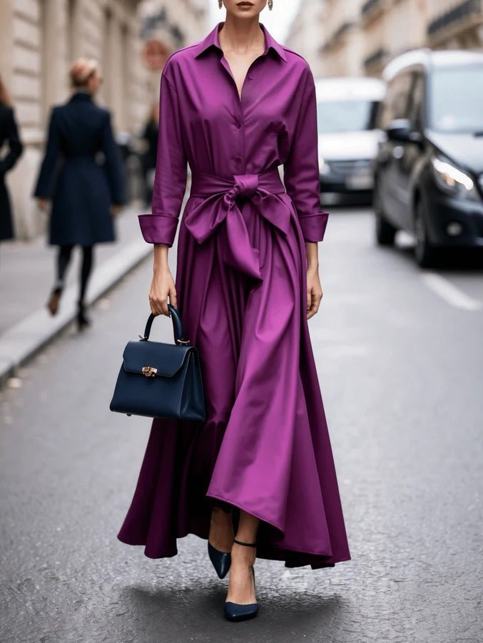 Women's Long-Sleeve Tie-Waist Shirt-Style Flared Maxi Dress - Purple