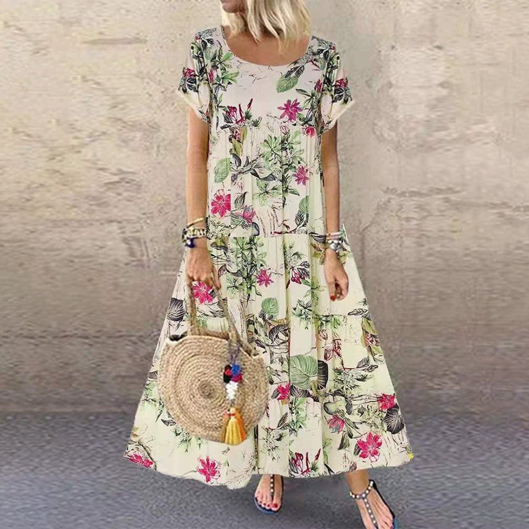 Women's Loose-Fit Floral Print Short Sleeve Maxi Dress - Purple