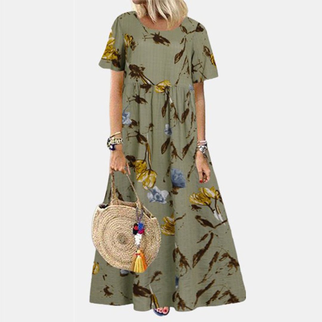 Women's Loose-Fit Floral Print Short Sleeve Maxi Dress - Green