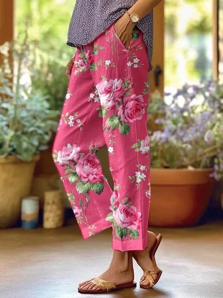 Women's Loose-Fit Mid-Rise Floral Printed Casual Trousers - Rose Pink
