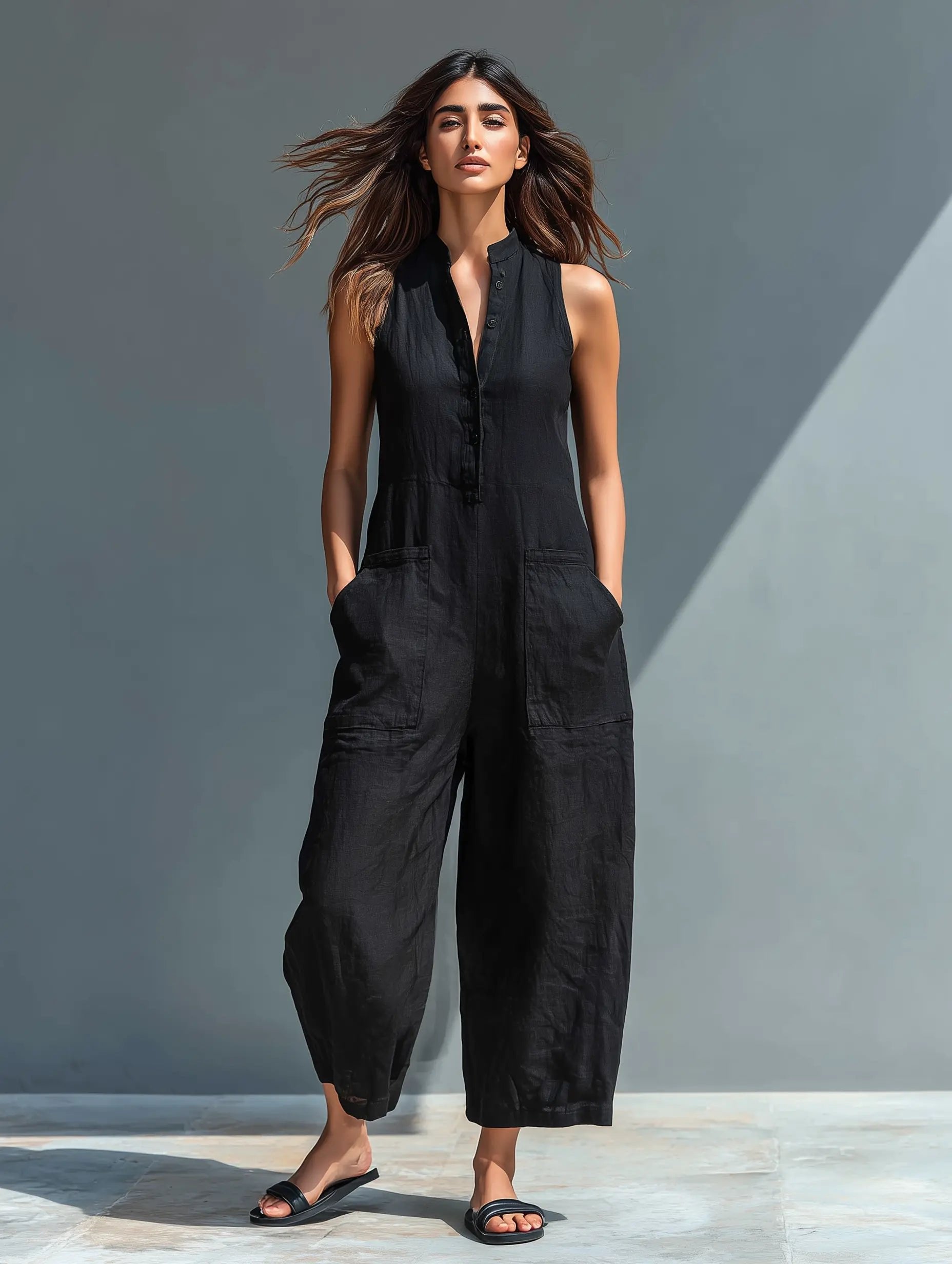 Women's Loose-Fit Sleeveless Linen Blend Button-Up Jumpsuit