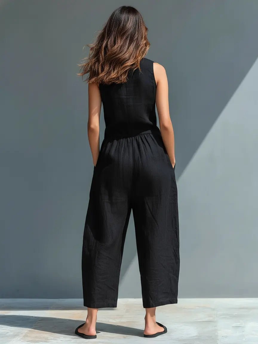 Women's Loose-Fit Sleeveless Linen Blend Button-Up Jumpsuit