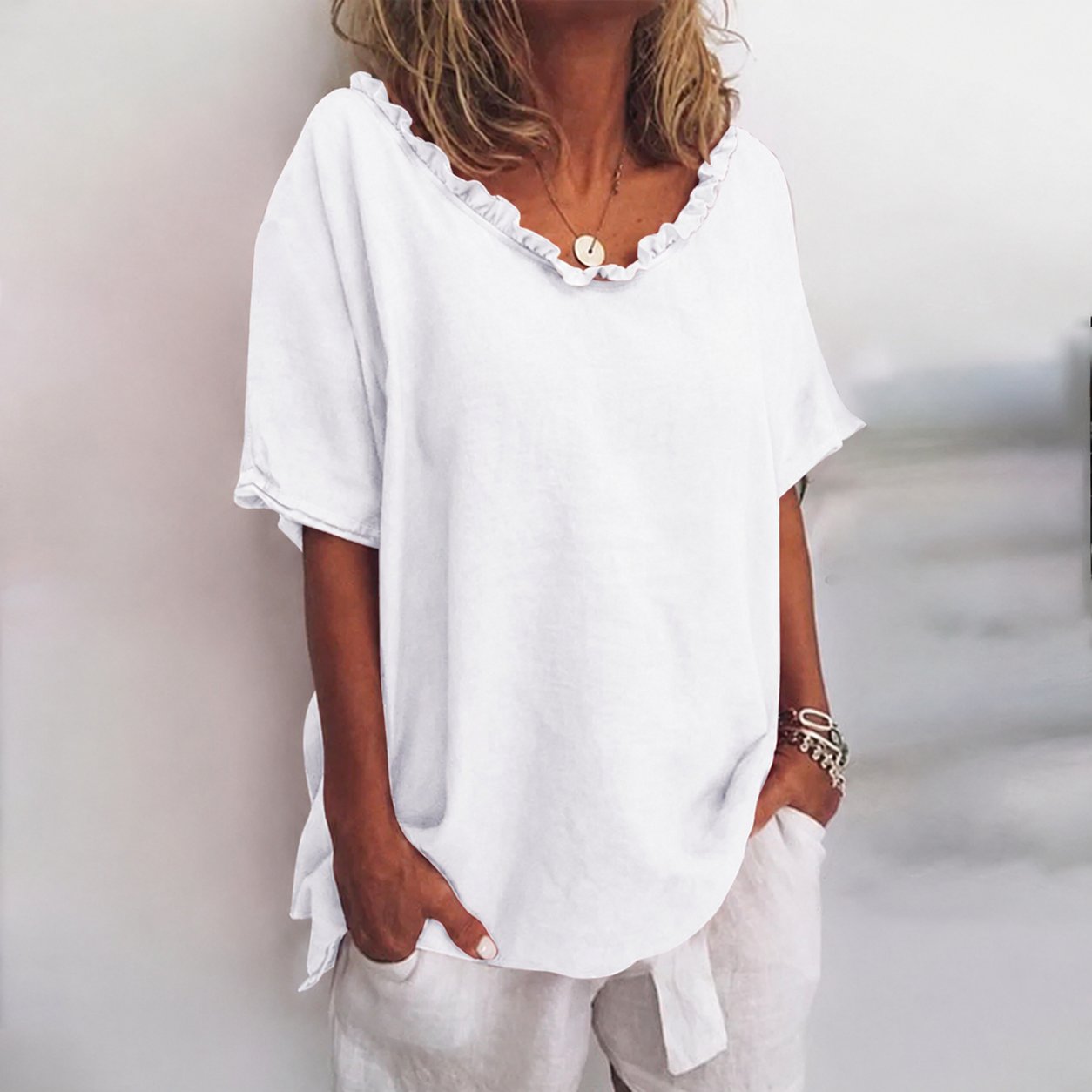 Women's Loose Relaxed-Fit Frill-Neck Short-Sleeve Blouse - White