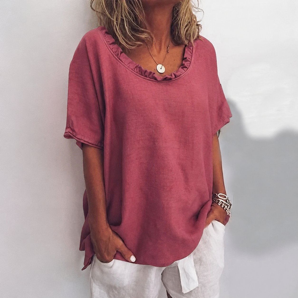 Women's Loose Relaxed-Fit Frill-Neck Short-Sleeve Blouse - Dark Pink