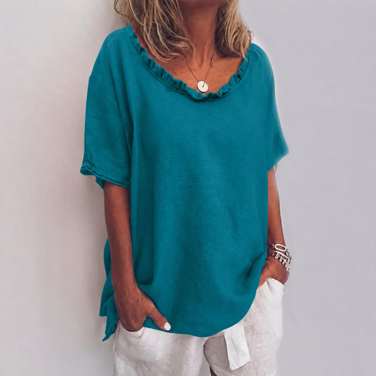 Women's Loose Relaxed-Fit Frill-Neck Short-Sleeve Blouse - Sea Blue