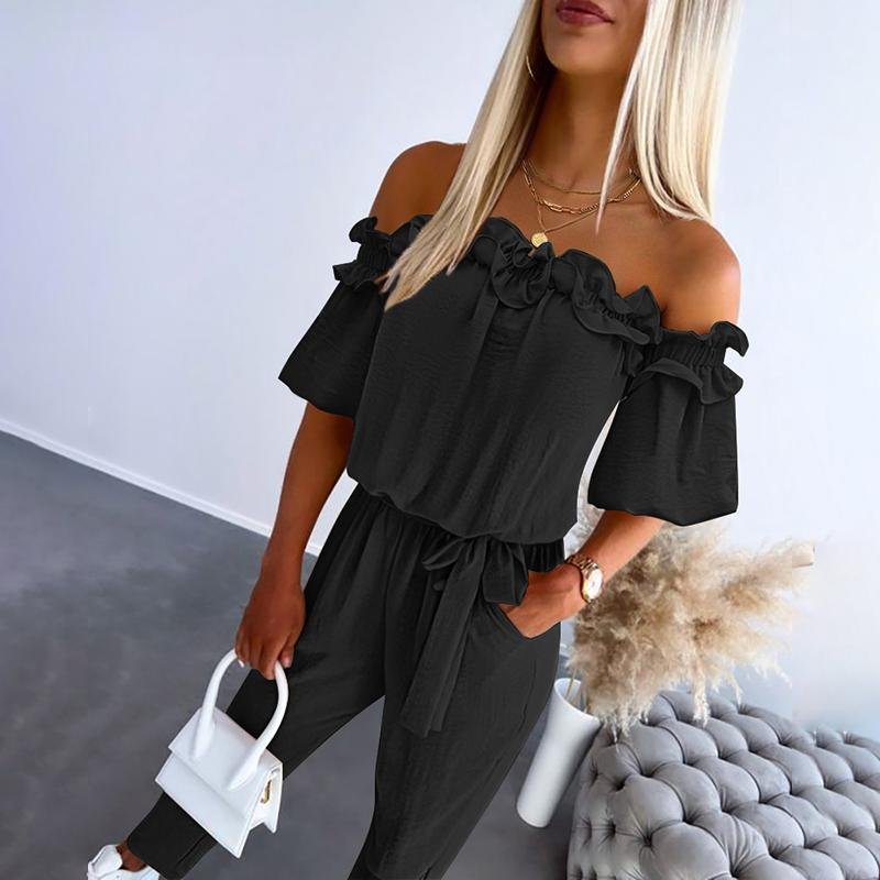 Women's Off-Shoulder Frill Tie-Waist Jumpsuit - Black
